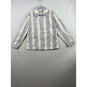 LOFT Utility Jacket Womens XS White Blue Floral Embroidered Stripe Button Front